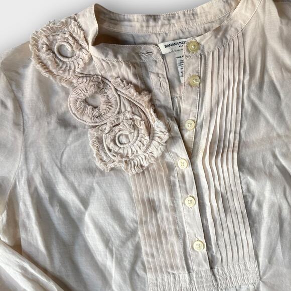 BANANA REPUBLIC SILK COTTON BLOUSE ROSE APPLIQUÉ BOHO HIPPIE BLOUSE SIZE MEDIUM - Picture 3 of 5